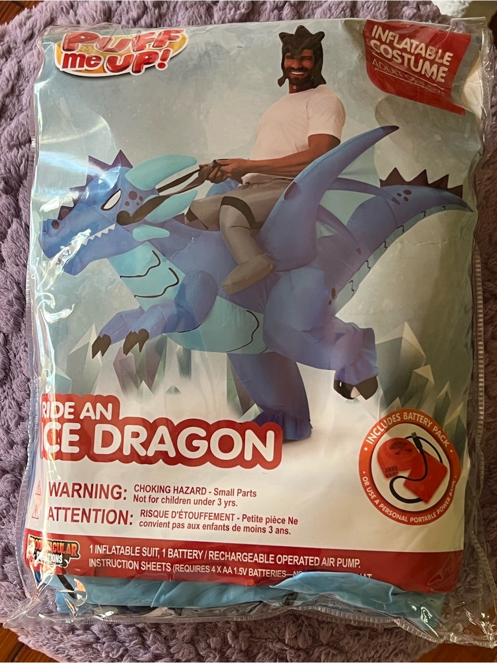 One size Adult Puff Me Up! Ride-On Ice Dragon Inflatable Costume — Blue
